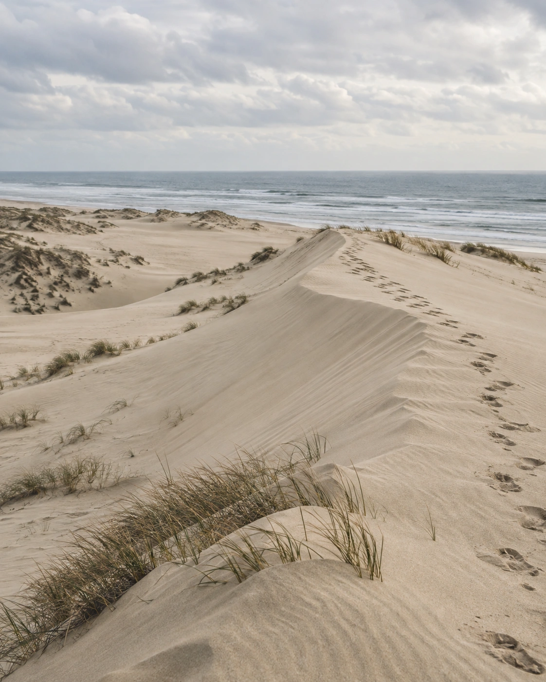 Dune costiere immaginarie, con una traccia sulla sabbia. Immagine generata con AI.